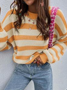 EMERY ROSE Women Casual Striped Pullover Sweater Multicolor Rib Knit Round Neck Drop Shoulder Long Sleeve Regular Length Sweater For Women Pullover For Women Orange Sweater Yellow Sweater - Multicolor - View 6