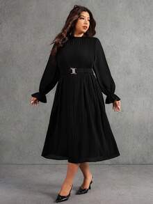 Elaquor Plus Size Elegant Solid Color Pleated Dress, Suitable For Commuting - Black - View 3