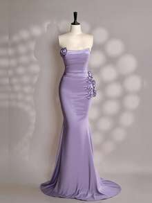 Coutiva 优雅性感褶皱抹胸下摆手工花朵设计美人鱼下摆晚礼服，适合婚礼宾客、生日派对、晚宴、鸡尾酒会、毕业典礼 - 紫色 - 查看 5