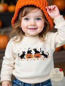 SHEIN Playful Pals Baby Girl Casual Pumpkin, Cat, Leaf Print Round Neck Long Sleeve Fleece Sweatshirt, Suitable For Outings In Autumn/Winter Fall - Apricot - View 1
