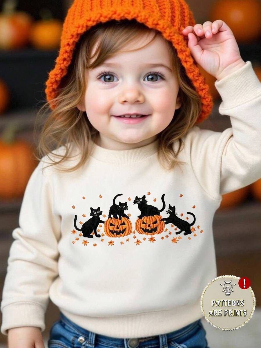 SHEIN Playful Pals Baby Girl Casual Pumpkin, Cat, Leaf Print Round Neck Long Sleeve Fleece Sweatshirt, Suitable For Outings In Autumn/Winter Fall - Apricot - View 1