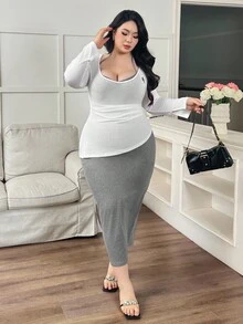 Modelyn Plus Size Women Knight Print Long Sleeve Pleated Top And Halter Bodycon Dress Casual 2 Pieces Set - White - View 4