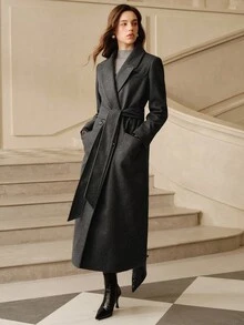 Anewsta Essential 女士优雅炭灰色中长款系带羊毛混纺大衣，适合秋季、冬季、外出、正式场合、派对、时尚、新年、圣诞节、工作、毕业典礼、婚礼等场合穿着。 - 深灰色 - 查看 4