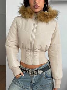 Coolane Women's Winter Streetwear Basic Quilted Coat With Flannelette Hat,Fall - Apricot - View 5