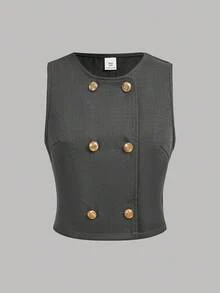 SHEIN Girlism Teenager Mädchen Set aus gewebtem weißem Langarmhemd mit Kragen, grauer Weste und Lässig Hose