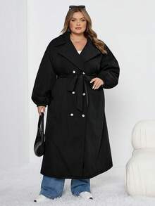 SHEIN CURVE+ 女士加大码黑色长款加厚保暖防风外套，黑色长袖简约休闲日常秋冬外套 - 黑色 - 查看 7