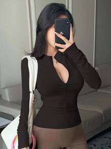 DAZY Áo khoác nữ cổ đứng, khóa kéo, dáng ôm, thường ngày - màu đen - Xem 4