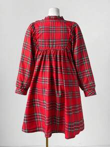 Sunspun 大码V领荷叶边蝙蝠袖格纹印花宽松休闲复古优雅及膝连衣裙，适合秋冬季穿着 - 紅色 - 查看 2