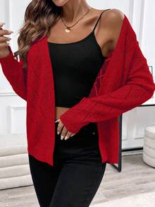 EMERY ROSE Casual Comfortable Hollow Diamond Pattern Cardigan For Women - Red - View 3