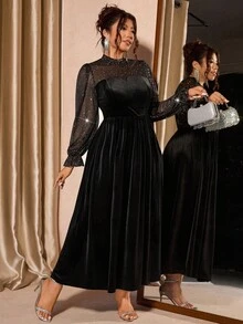 Cravure Plus Size Women Mesh & Velvet Elegant Puff Sleeve Dress, Waist Cinched, Suitable For Party