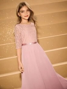 Girls' Flowing Lace Patchwork Chiffon Flared Dress With Square Neck, Suitable For Wedding, Prom, Birthday Party, Back To School, Graduation, Christmas, Halloween Fall Winter - Dusty Pink - View 8
