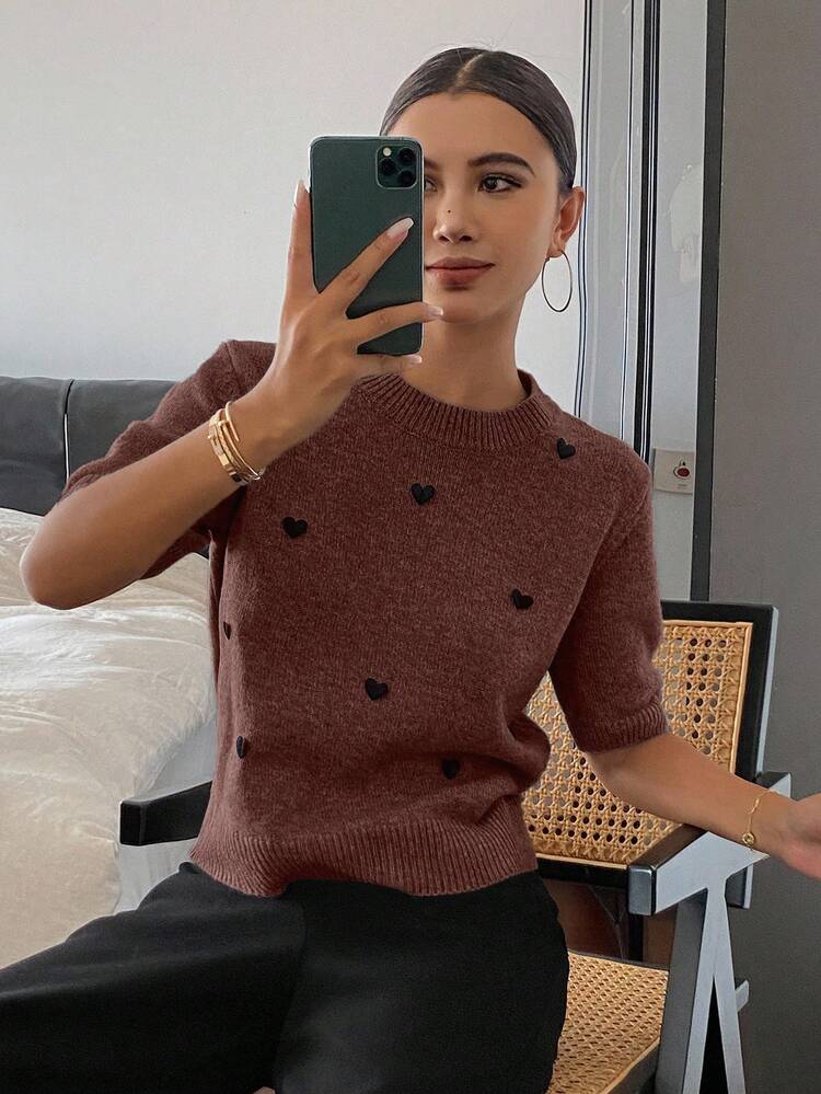 Heart Decor Loose Fit Short Sleeve Round Neck Casual Knit Top For Women, Spring/Autumn