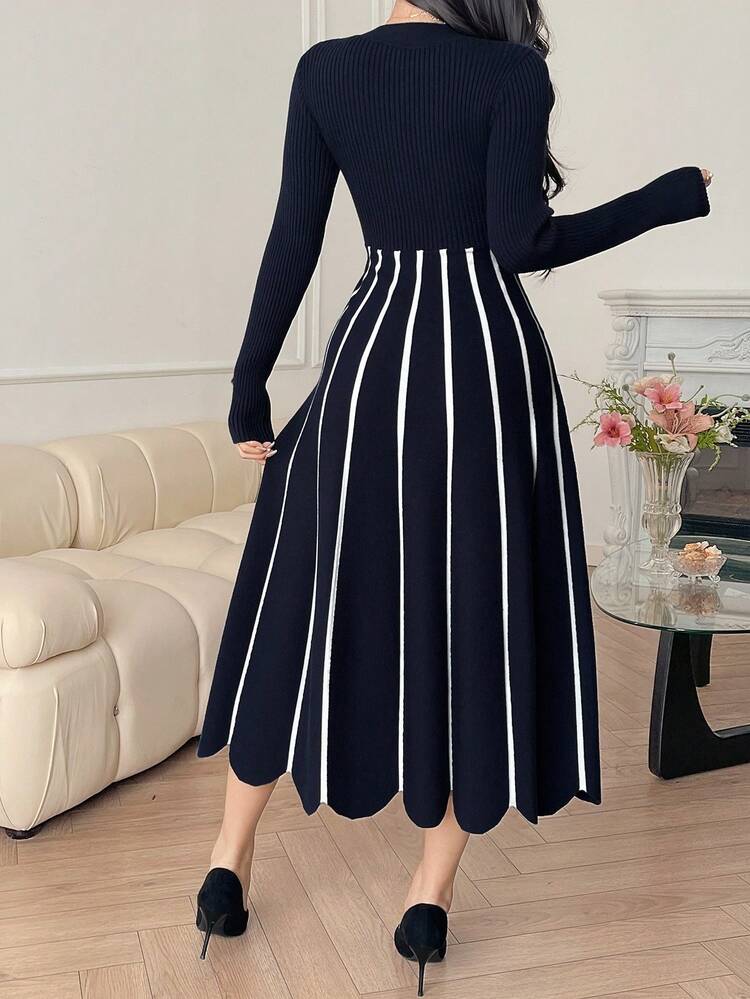 Women's Elegant Colorblock Striped Sweater Dress, Autumn