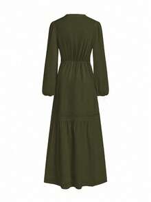 Ellevyn Women's Woven Jacquard Texture Spring Style Deep V-Neck Solid Color Ruffle Hem Lace Trim Summer Dress - Army Green - View 5