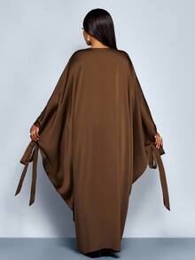 SOLERSUN Đầm dài xếp ly tay cánh dơi cổ chữ V sâu, dáng rộng, màu trơn, thời trang mới cho nữ mùa thu đông cỡ lớn, váy thường ngày, mùa trở lại trường, lễ Tạ ơn, lễ Halloween, váy màu trơn, quần áo mùa thu đông - màu nâu - Xem 2