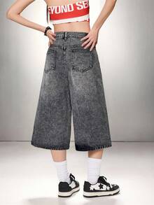 SHEIN ICON 女士休闲宽松七分阔腿牛仔裤，蓝色 - 深灰色 - 查看 2