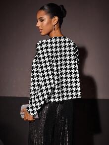Glamance ORANGE STUDIO Houndstooth Print Casual Minimalist Women Jacket, Suitable For Office Wear In Autumn Houndstooth Jacket Cropped Blazer Crop Jacket Women Cropped Cardigan Checkered Jacket Chic Stylish Clothing Collection - Multicolor - View 2