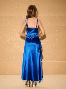 Tween Girl Elegant Minimalist Fashion Asymmetric-Shoulder Exposed Shoulder High Waist Long Slit Design Solid Color Satin Glossy Fabric High-End Graduation Season Prom Dress Birthday Party Wedding Guest Dress Christmas Halloween Maxi Dress - Blue - View 2