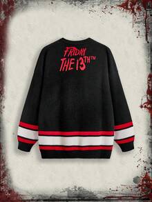 Friday the 13th X ROMWE 万圣节字母面具图案超大毛衣，恐怖氛围 - 黑色 - 查看 2