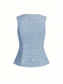 Ellevyn Women's Round Neck Sleeveless Plaid Metal Button Faux Pocket Linen-Like Wide Leg Pants Elegant Suit Set For Daily Wear And Commuting