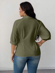 SHEIN Clasi Blusa elegante de talla grande con cuello y cintura fruncida de unicolor - Verde - Ver 2