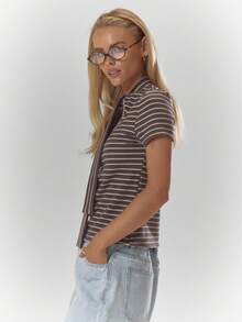 MUSERA Striped Neck Tie Detail Fitted Short Sleeve Top Fall Autumn Cosy Cute Casual Coffee Club Winter  ,Elegant  Holidays, Party - Multicolor - View 4