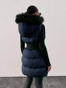 EURMUSE Fuzzy Trim Hooded Puffer Vest Coat - Dusty Blue - View 2