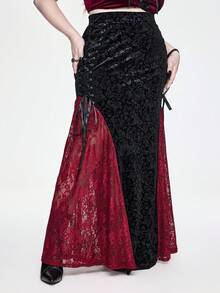 ROMWE EDITION Plus Size Gothic Elegant Velvet Embossed Damask Lace Patchwork Mermaid Skirt - Black - View 7