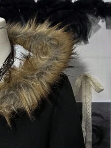 SHEIN EZwear Áo nỉ có mũ lót giữ nhiệt có khóa kéo dành cho nữ, cổ lông, thích hợp cho mùa thu/đông - màu đen - Xem 4