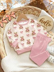 SHEIN Happikins 奶油白和奶油粉配色，可爱童话小镇小熊和蝴蝶结印花，温馨舒适，充满圣诞气息，女婴休闲舒适加厚柔软圆领长袖卫衣和打底裤套装，适合秋冬季节，秋冬外出穿搭，轻松舒适，秋冬叠穿，时尚女童，休闲装，女婴图案服装，秋冬服装，时尚秋季，秋季新款 - 彩色 - 查看 5