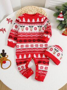 SHEIN 2pcs Baby Boy Red Thick Deer & Snowflake Pattern Loose Knit Jumpsuit With Jacquard Hat, Suitable For Christmas - Red - View 3