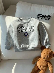 SHEIN Áo nỉ chui đầu giữ ấm cho bé trai, in chữ và hình gấu, thích hợp mặc hàng ngày, hoạt động ngoài trời và thể thao vào mùa thu/đông. - Xám - Xem 5