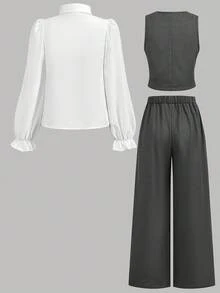 SHEIN Girlism Teenager Mädchen Set aus gewebtem weißem Langarmhemd mit Kragen, grauer Weste und Lässig Hose