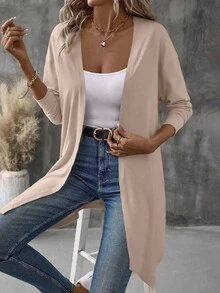 EMERY ROSE Women's Lapel Mid-Length Jacket With Asymmetrical Hem, Commuter Style - Apricot - View 4