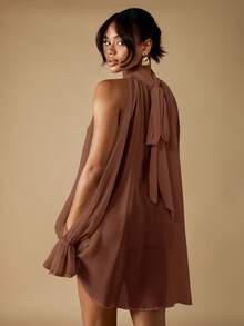 MISSGUIDED 优雅露肩雪纺衬衫高领长款灯笼袖飘逸派对晚会婚礼宾客秋季上衣 - 咖啡棕 - 查看 2