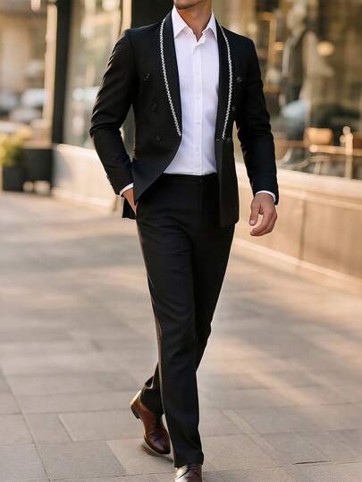 Manfinity Mode 男士派对撞色饰带披肩领双排扣西装外套和前缝西装裤套装