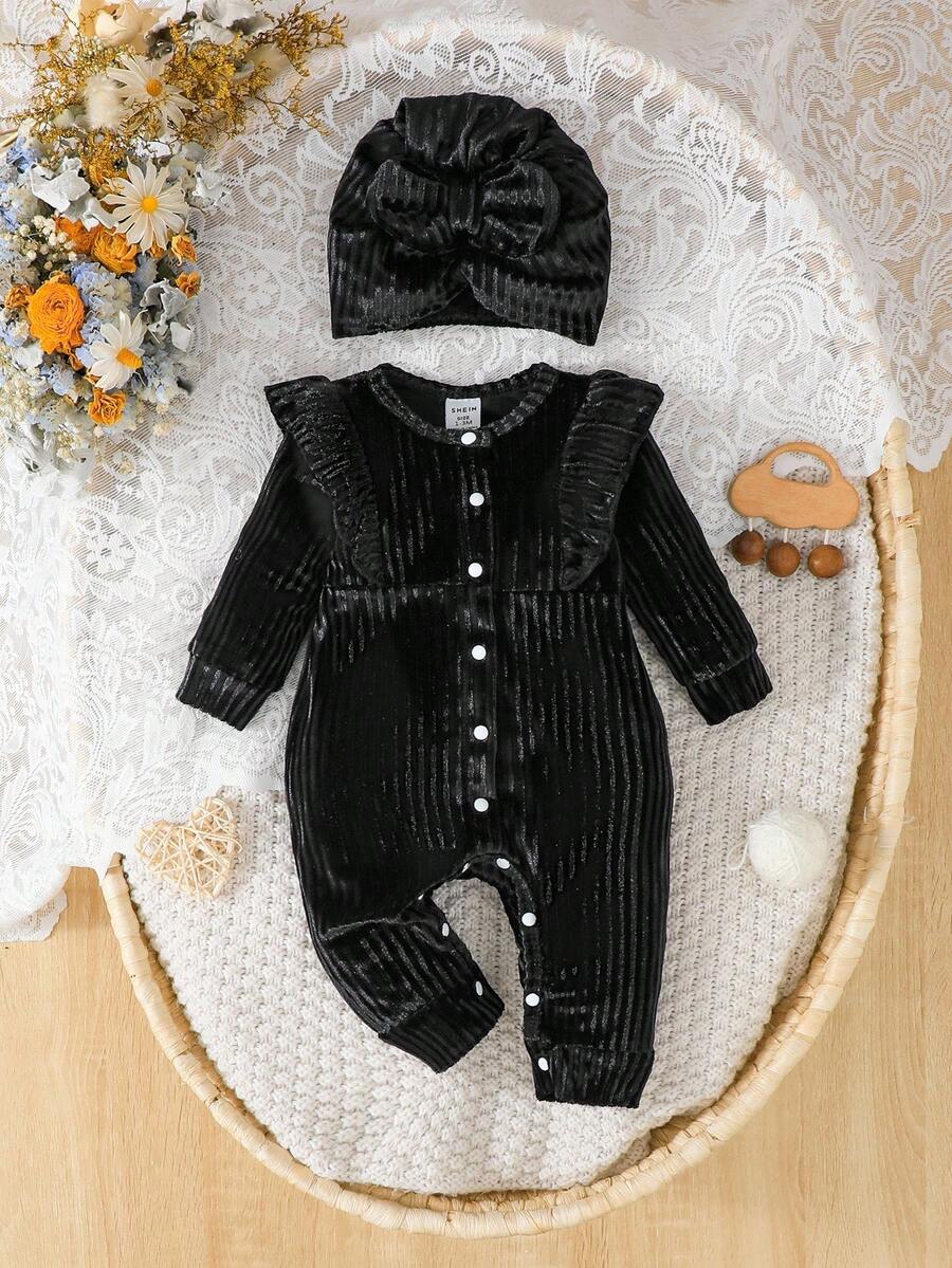 SHEIN 女婴针织罗纹抓绒连体衣 + 时尚帽子，秋冬季 - 黑色 - 查看 1