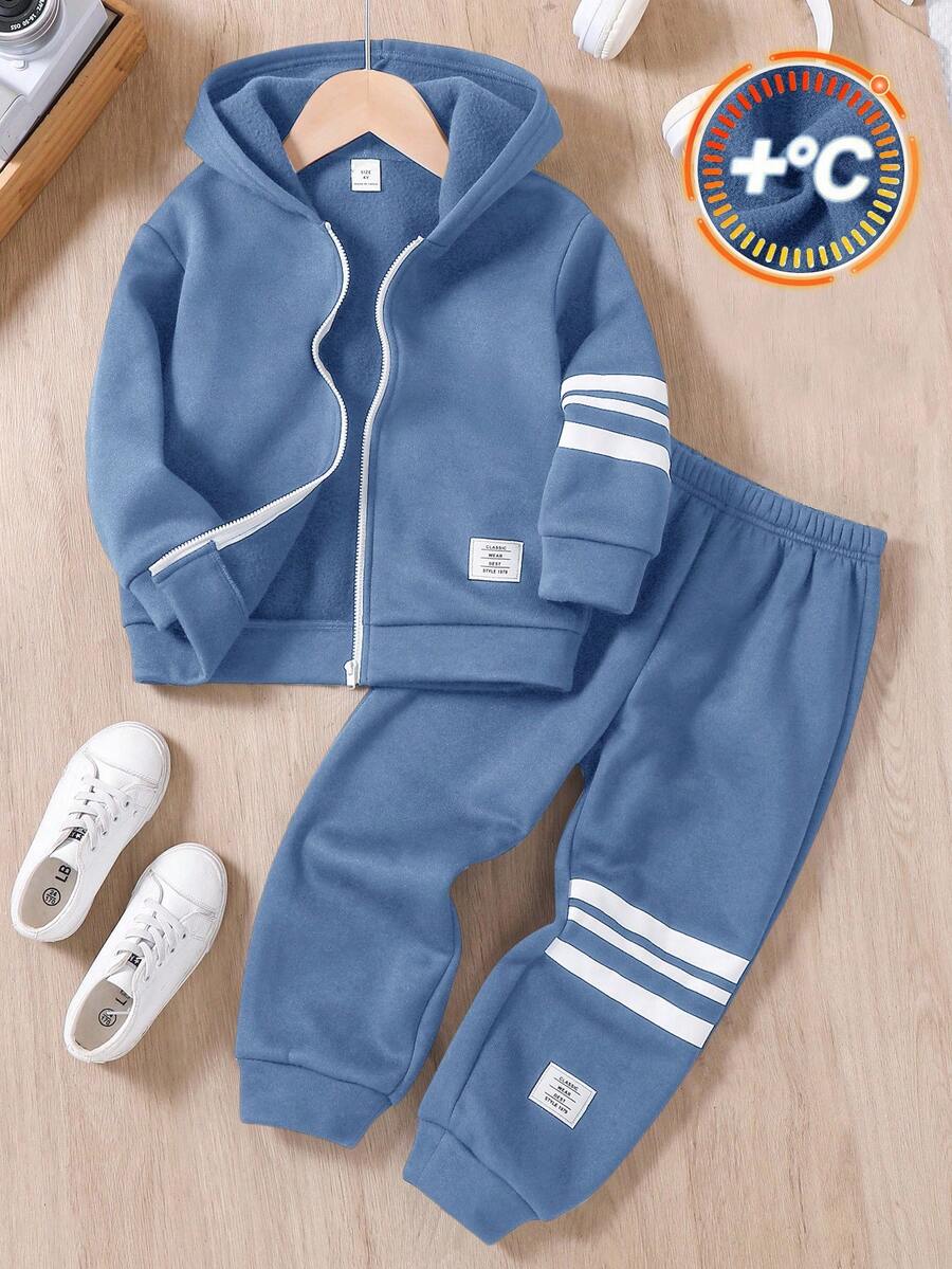 2pcs Young Boys Casual Sports White Letter Decor & White Stripe Navy Loose Hoodie And Pants Set, Suitable For Travel, School, Daily Sports, Autumn/Winter Back To School Outfits, Essentials Boys Zip Up Hoodie Set Boys Blue And White Track Suit Toddler Boys Tracksuit Boys Two Piece Sweatsuit Set Boys Fleece Sweatsuit Set Fall Boys Sweatsuits Set Toddler Track Suit With High Neck And Zipper Blue Kid Sets Boys Autumn Winter Casual Two Piece Set Boys Sky Blue And White Sets - Dusty Blue - View 1