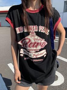 DAZY Camiseta de manga corta con texto gráfico de ajuste holgado informal, adecuada para uso diario Y2K - Negro - Ver 8