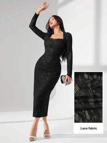 Modelyn Square Neck Lace Long Sleeve Fitted Midi Dress For Women Lace Black Dress Black Lace Bodysuit Black Dress Classy Elegant Long Sleeve Elegant Dress - Black - View 7