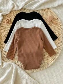 SHEIN Bộ đồ liền thân dệt kim tay dài trơn 3 món cho bé gái - Nhiều màu - Xem 2