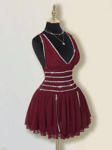 SHEIN ICON Damen Rotes Paillettenbesatz Geraffter Mehrlagiger Rüschen Saum Taillengegürtetes Party Minikleid - Rot - Übersicht 6