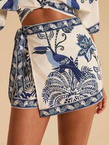 Travachic 2件套女士度假印花短款上衣和高腰裙裤 - 藍白色 - 查看 6