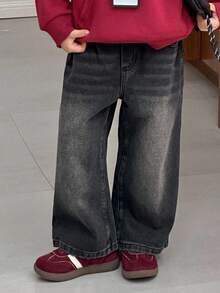 DAZY 幼儿男童宽松直筒牛仔裤，休闲街头风格，秋季 - 黑色 - 查看 3
