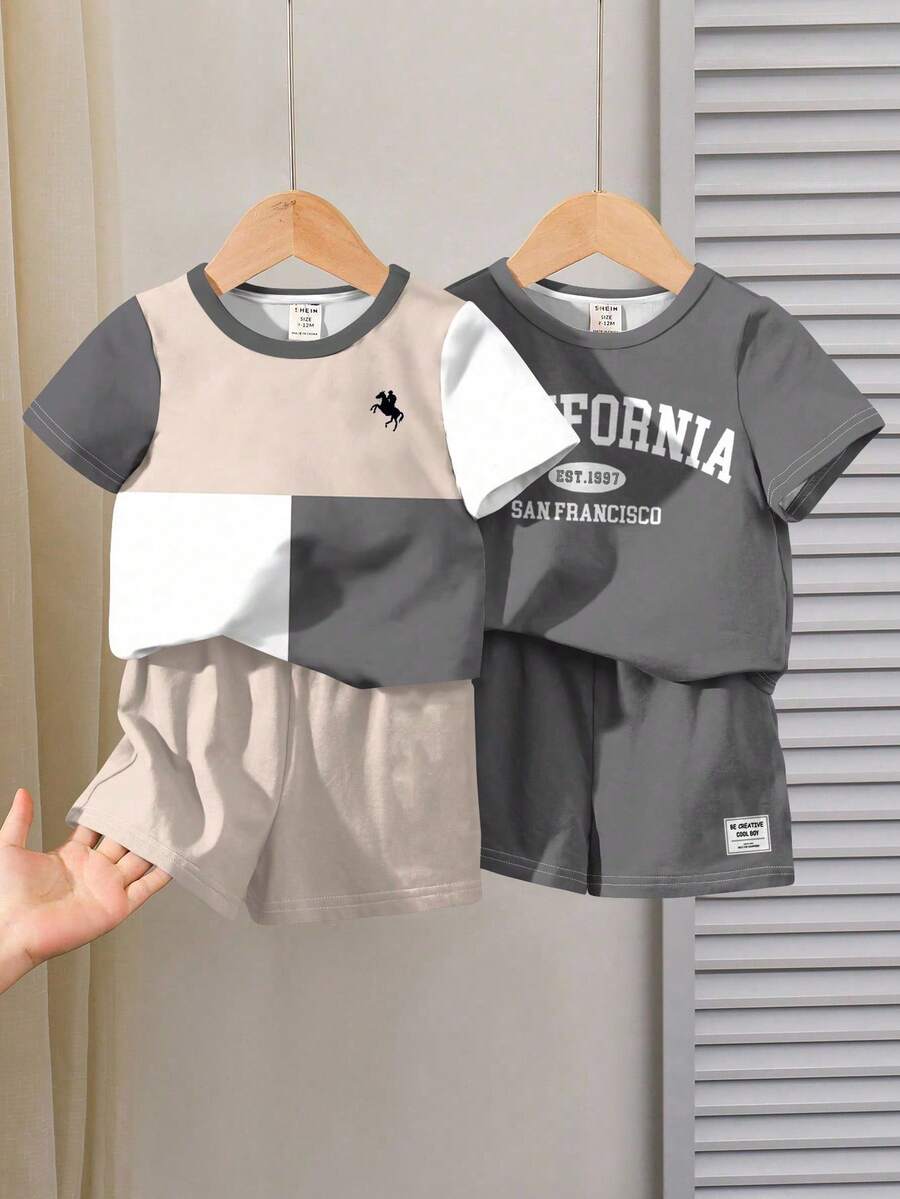 SHEIN 2 件套男婴休闲简约圆领短袖 T 恤和短裤套装，适合夏季 - 彩色 - 查看 1