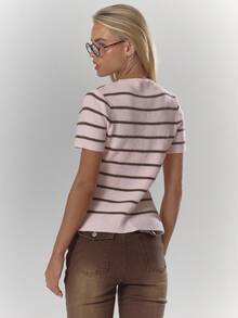 MUSERA Striped Rib Knit Button Through Fitted Short Sleeve Top Fall Autumn Cosy Cute Casual Coffee Club Winter  Elegant Evening Party  Spring Sweater - Pink - View 2