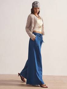 Bohemela 女式纯色休闲牛仔裤 宽松裤 女式阔腿裤 秋裤 女式阔腿裤 秋季女装 女式宽松阔腿牛仔裤 抽绳腰带口袋 休闲牛仔裤 - 深色水洗藍 - 查看 5