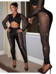 SHEIN SXY 女式弹力腰黑色性感网眼拼布紧身裤 - 黑色 - 查看 7