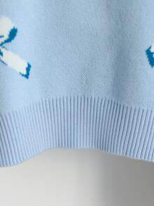女童蝴蝶結圖案提花針織套頭毛衣 淺藍色與白色 長袖 可愛 秋季 開學季 短版 校園風 親子套裝 - 淺藍色 - 查看 6