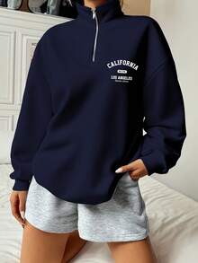 SHEIN EZwear 女士宽松高领半拉链运动衫，白色英式印花图案，适合秋冬季 - 藏蓝色 - 查看 4